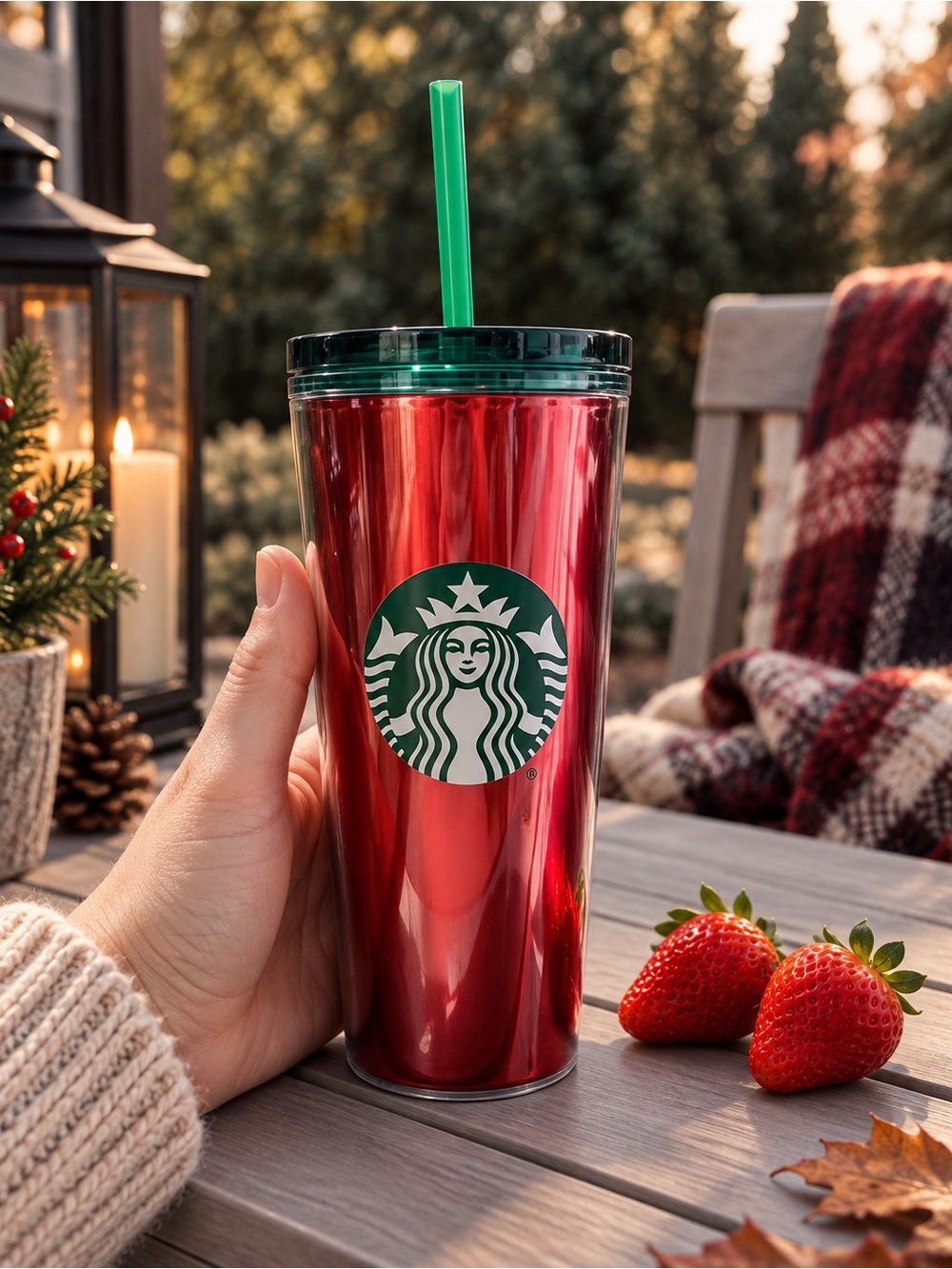 NEW Starbucks 16oz Cold Drink Tumbler with Straw Green Red NWT